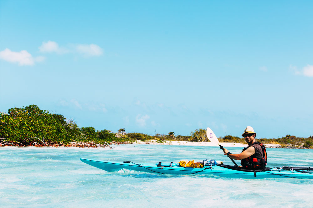 Blue water and beach Exuma Cays kayaking tour
