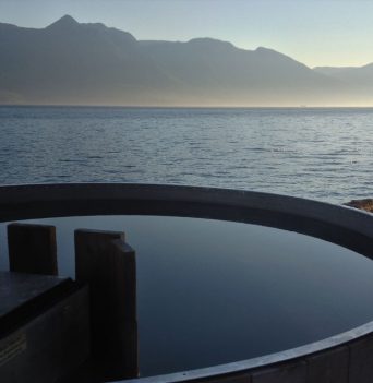 Views of the Johnstone Strait from the oceanfront hot tub