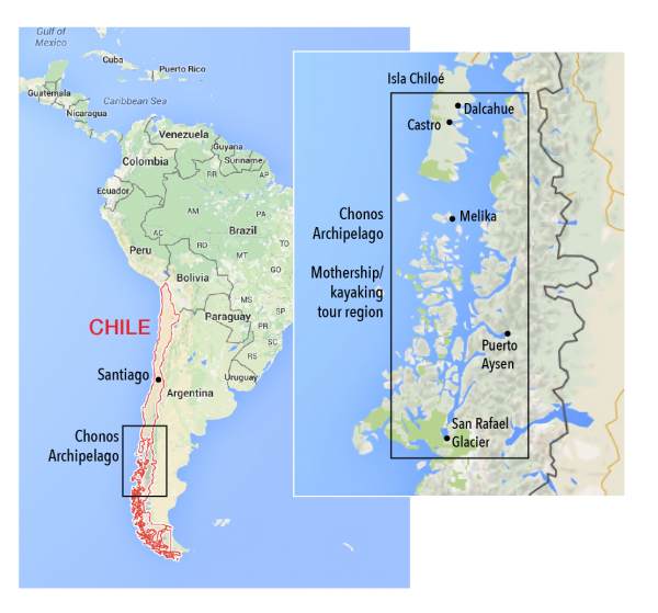 A map of the region of our Chilean Patagonia kayaking trip
