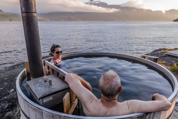 Gorgeous views of the Johnstone straight and BC coastal mountain range from the wood-fired hot tub at one of our base camps.