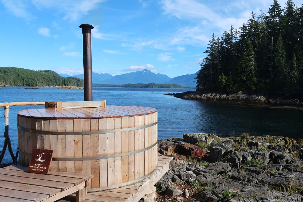 Wood-fired hot tub at Whales and Wilderness Glamping camp