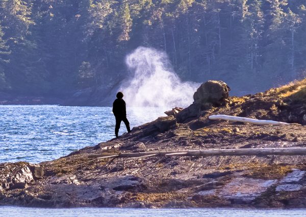 Person standing on the mountain coast as waves splash