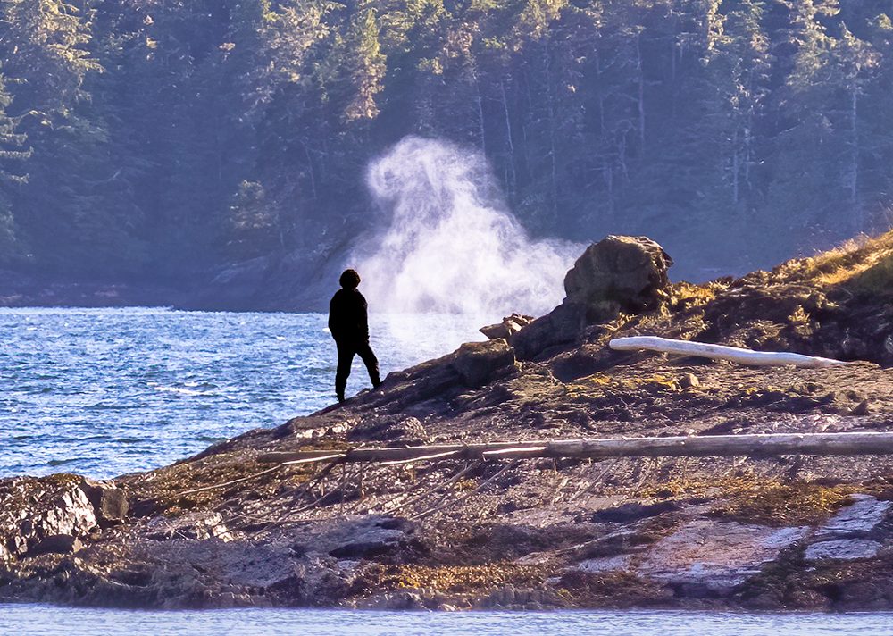 Person standing on the mountain coast as waves splash