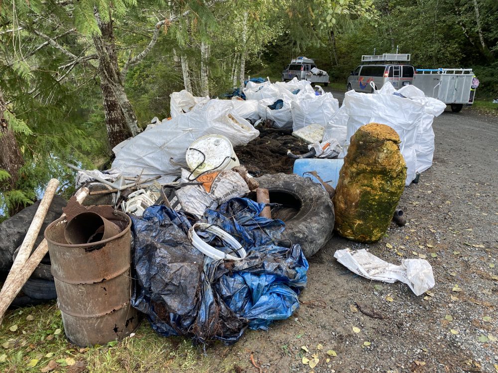 Piles of marine debris gathered on the north end of Quadra Island