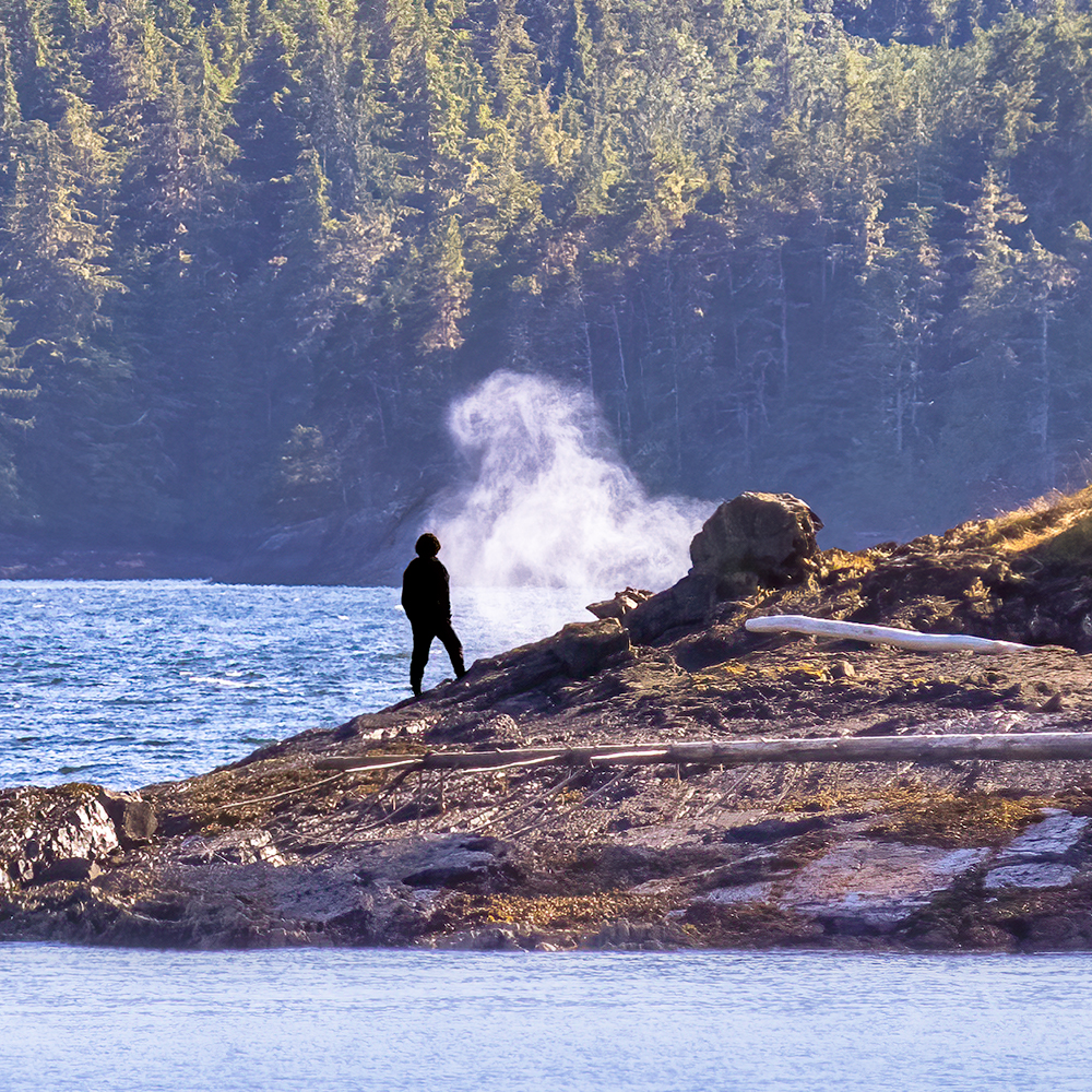 Person standing on the mountain coast as waves splash