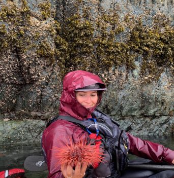 A guide teaching a guest about intertidal life