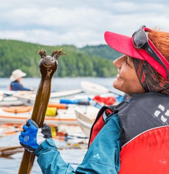 A guest with a smiling kelp bulb in the Johnstone Strait