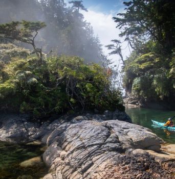 Kayaker in scenic cove along the BC coast