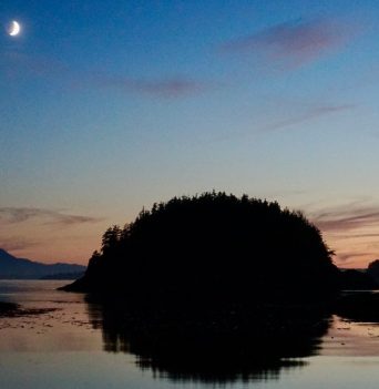 Moon and sunset over the Johnstone Strait