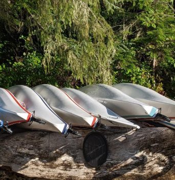 A row of kayaks stacked along the beach on driftwood