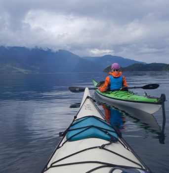 Two sea kayakers paddling with coastal mountain views