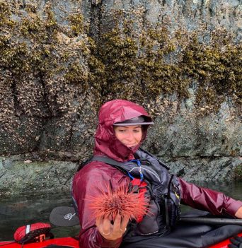 A sea kayak guide teaching about intertidal life