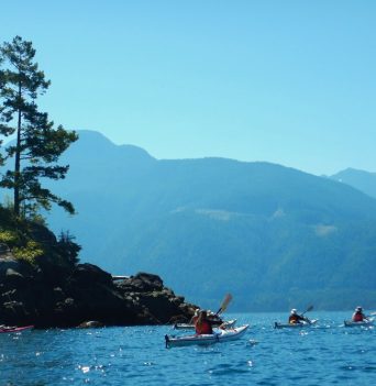 Group of sea kayakers paddling around rocky bluff