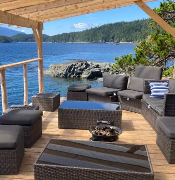 Outdoor patio area with views of Johnstone straight