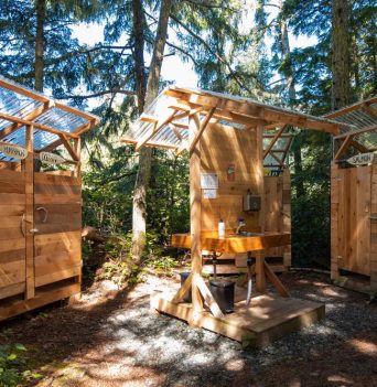 Outdoor rustic washrooms at Johnstone straight basecamp