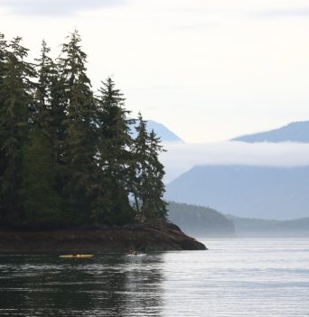 Kayakers paddling along the scenic BC coastal mountains