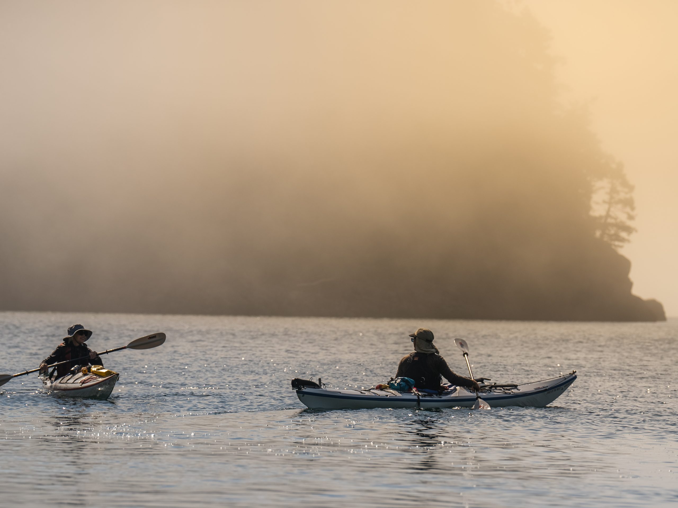 Two People Kayaking in Golden Mist of Coastal BC Wilderness with Forested Island Backdrop