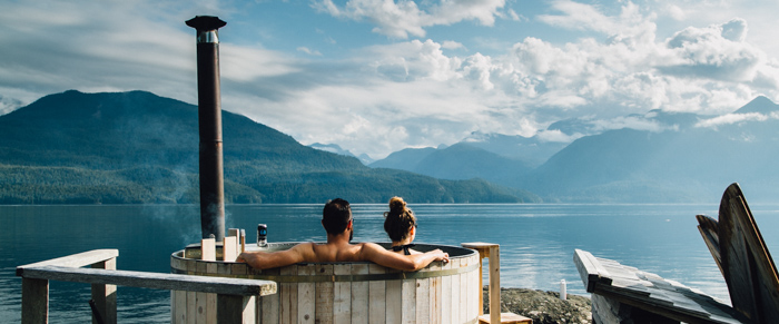 Two guest enjoying views of Johnstone Straight from hot tub