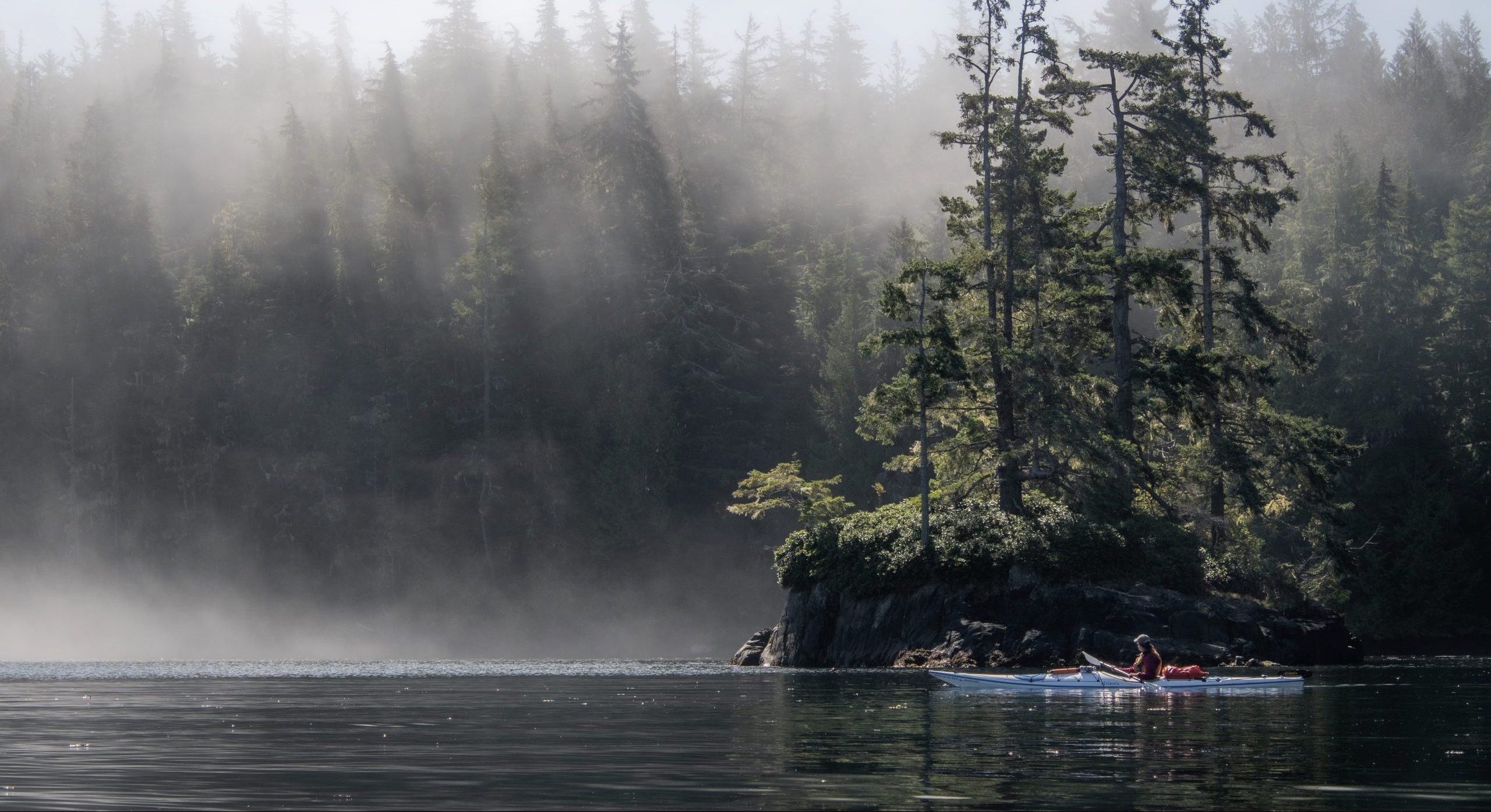 Kayaker Paddling through Misty Landscape with Forested Backdrop in Coastal BC