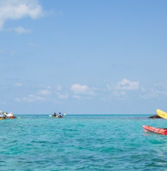People kayaking on turquoise waters