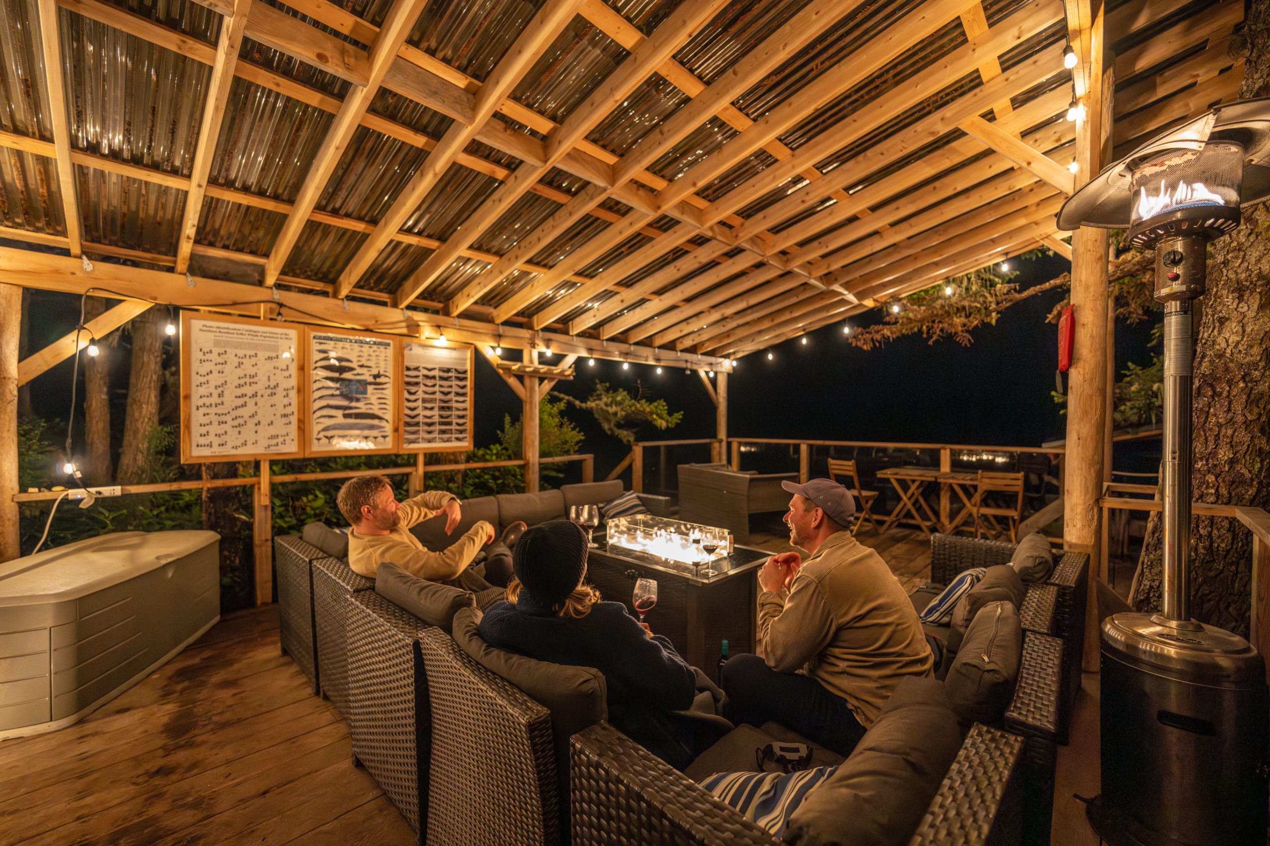 Guests hanging out in an outdoor lounge at night