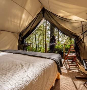 Interior of a large glamping tent