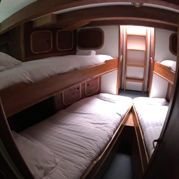 Four bunks with white linens in an expedition yacht in Chile