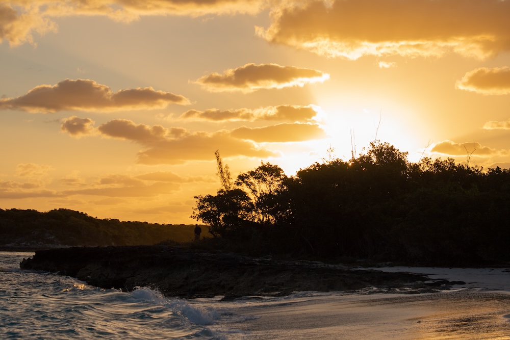 Bright sunset over a Bahamian beach
