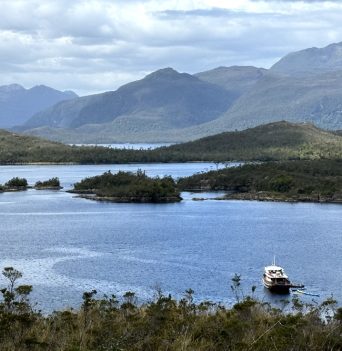 A boat floating in the fjords of Chilean Patagonia