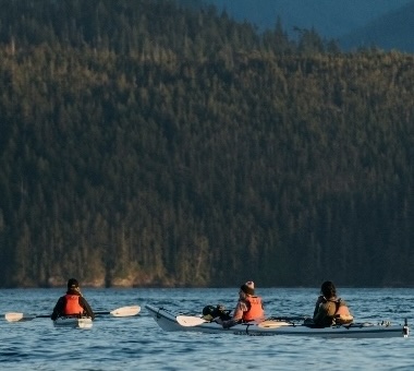 Three kayakers resting in the open waters of the Johnstone Strait.