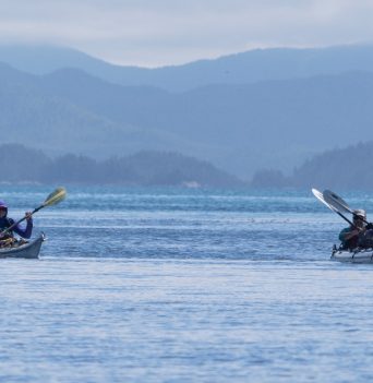 Two kayakers paddling in open waters