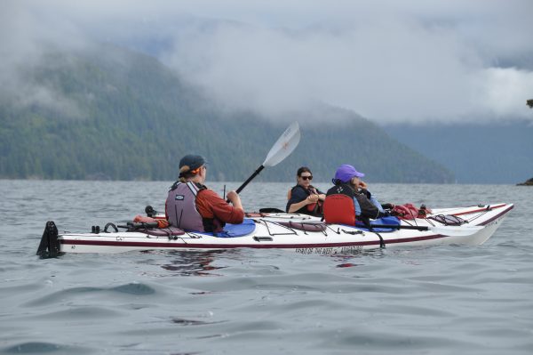 A group of kayakers in West Coast waters near British Columbia
