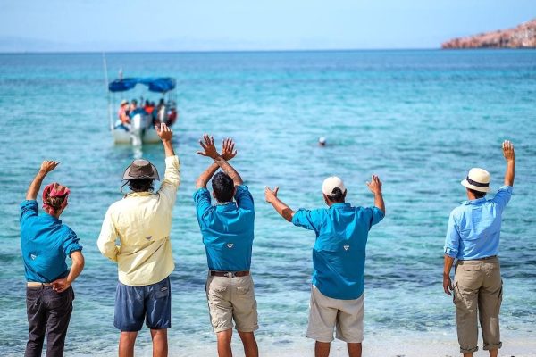 A group of guides waving goodbye to their guests