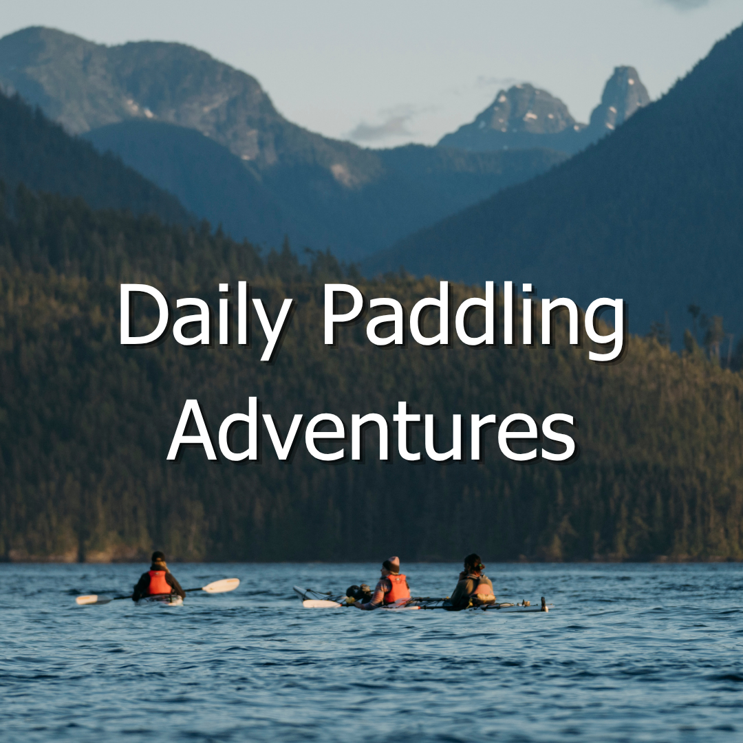Paddlers in front of mountain landscape.